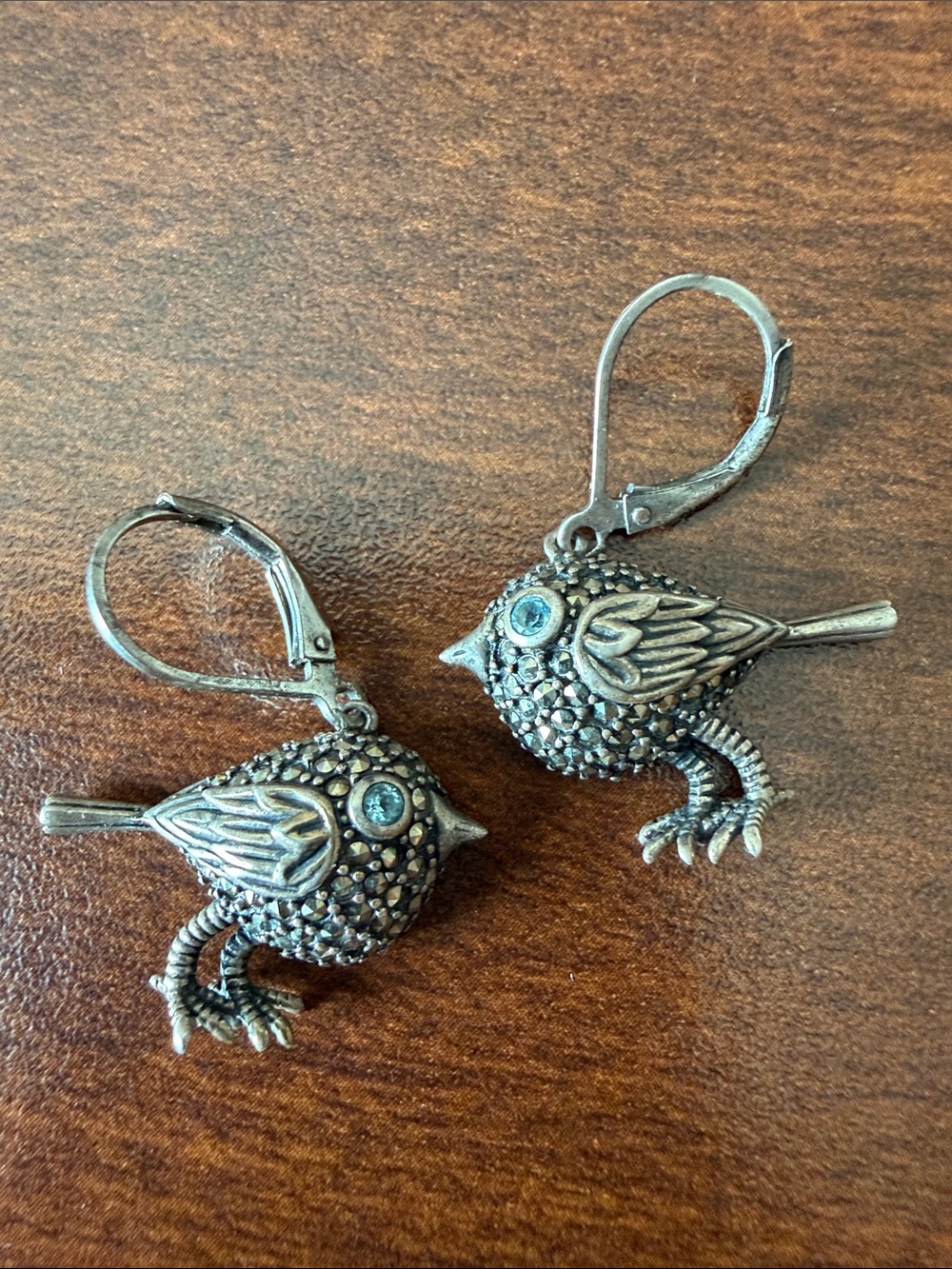 Vintage 925 sterling silver puffy love birds earrings with blue topaz